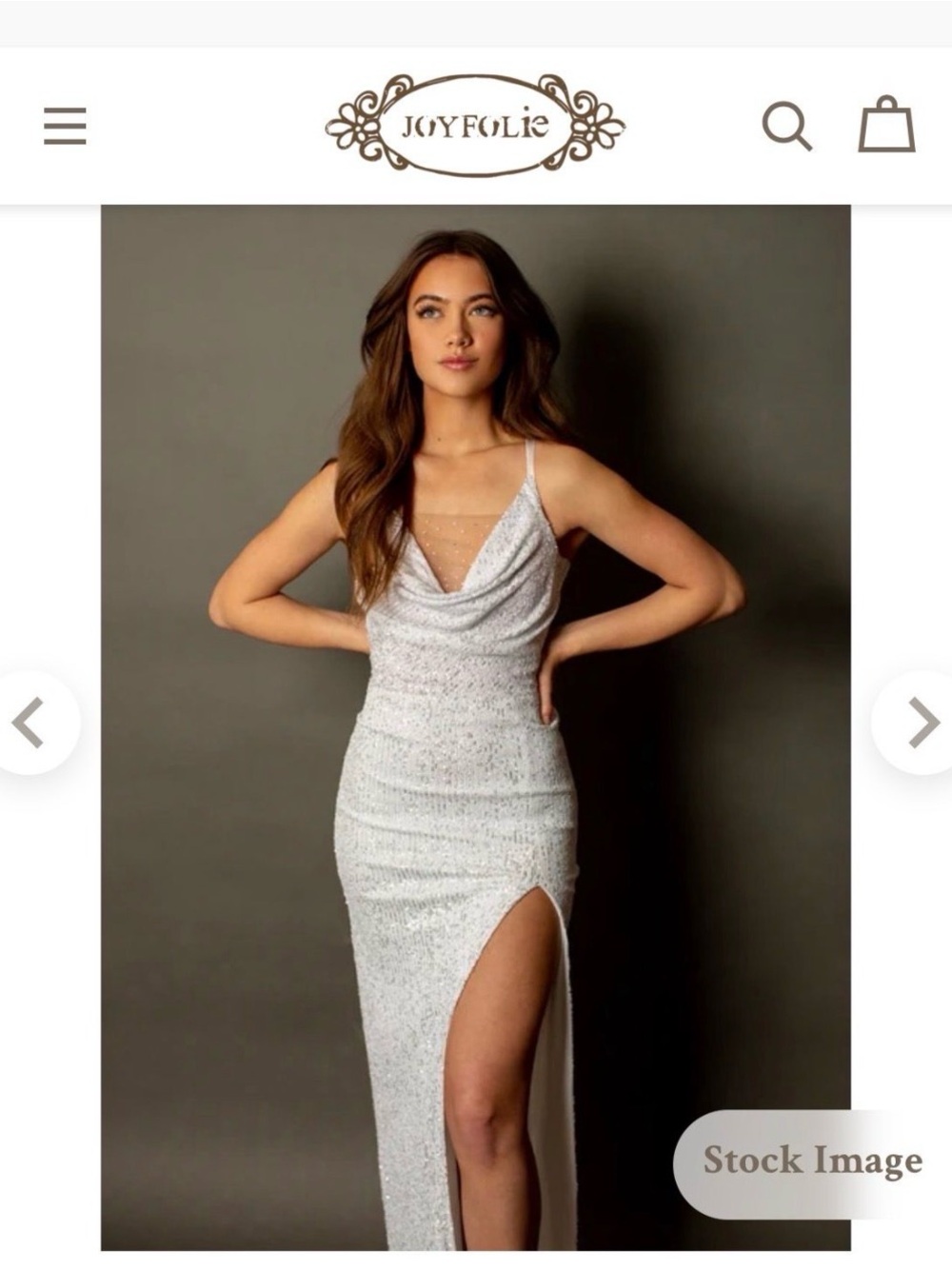 Joyfolie Silver Sequin Cowl Neck Slit Gown